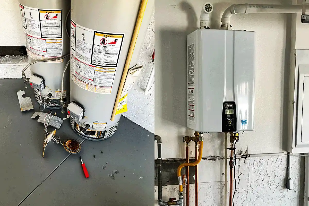 Failed tank water heater removed alongside newly installed Navien tankless unit — water heater replacement before and after Tampa