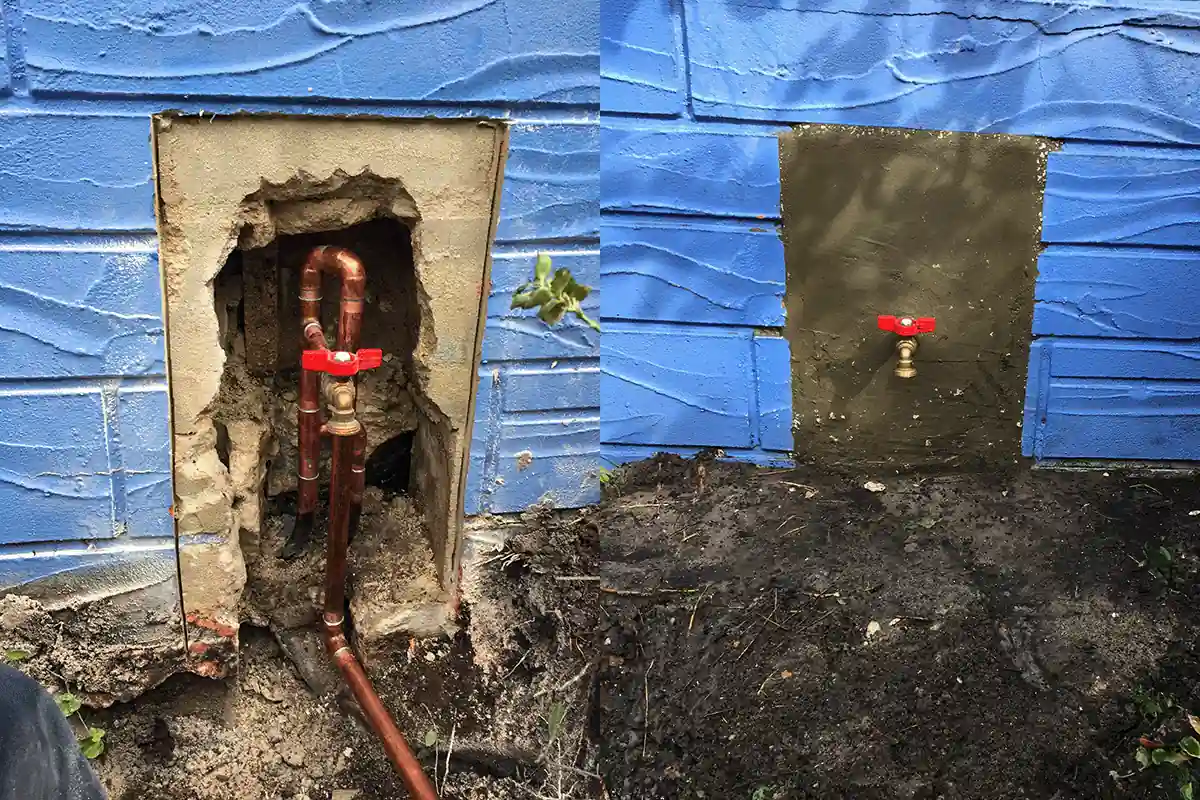 Before and after pipe repair through concrete block wall — copper supply line repair with completed wall restoration — EVERYDAYPLUMBER.com Tampa Bay