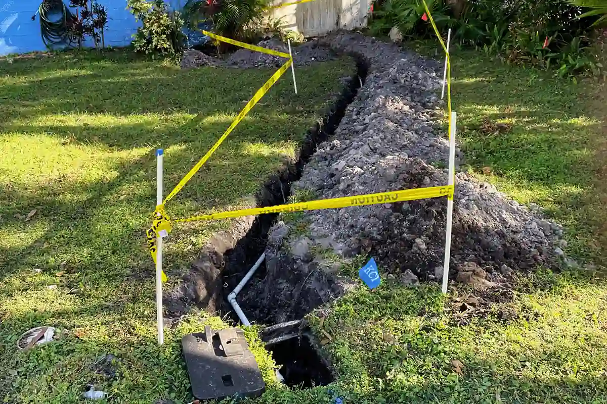 Residential water line trench excavation with caution tape at Tampa Bay home — underground pipe repair — EVERYDAYPLUMBER.com Tampa Bay