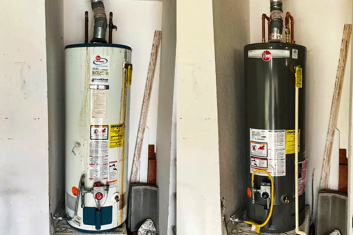 Old corroded tank water heater beside new Rheem replacement unit — water heater replacement before and after Tampa