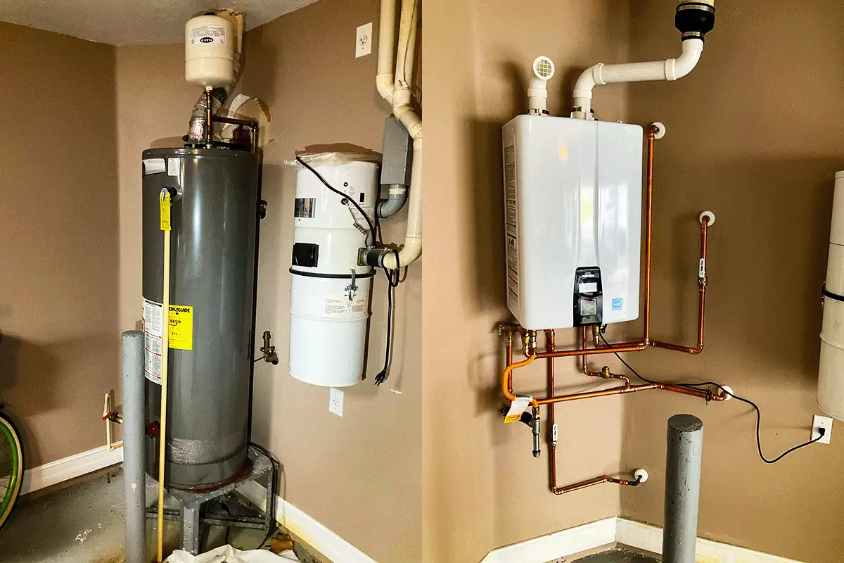 Old tank water heater alongside new tankless unit with copper piping — tank to tankless water heater replacement Tampa