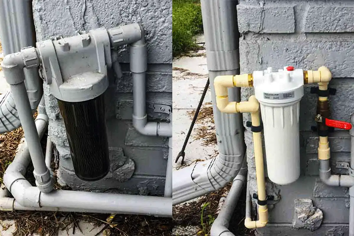 Clogged sediment filter cartridge before replacement beside new clean whole-house filter housing — water filtration maintenance