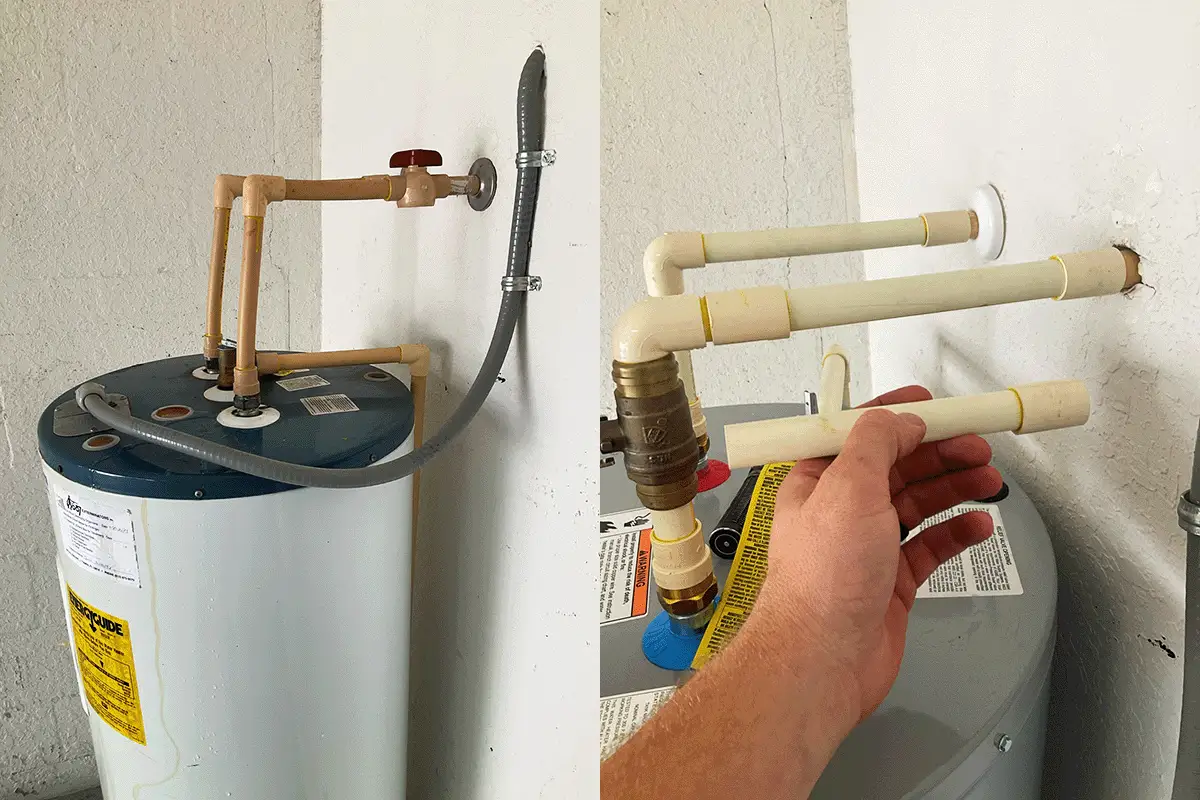 Top of a residential tank water heater showing aging CPVC inlet connections and ball valve during active service in Tampa Bay — EverydayPlumber.com plumber removing a worn dip tube assembly showing the type of component failure that causes lukewarm water symptoms