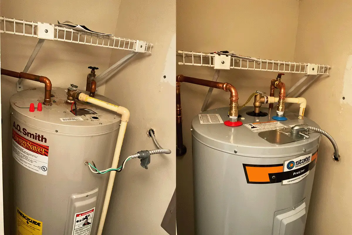 Before and after water heater replacement in a Tampa Bay residential utility closet — aging A.O. Smith EnergySaver on the left replaced with a new State ProLine Commercial Grade unit on the right, showing the result of a properly permitted water heater replacement by EverydayPlumber.com