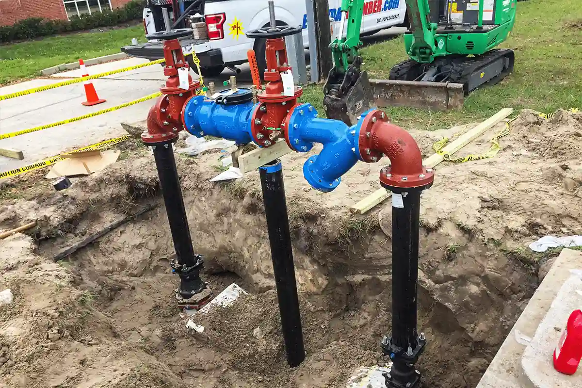 Commercial water main and backflow preventer installation with EVERYDAYPLUMBER.com service van — commercial plumbing in Clearwater FL — EVERYDAYPLUMBER.com