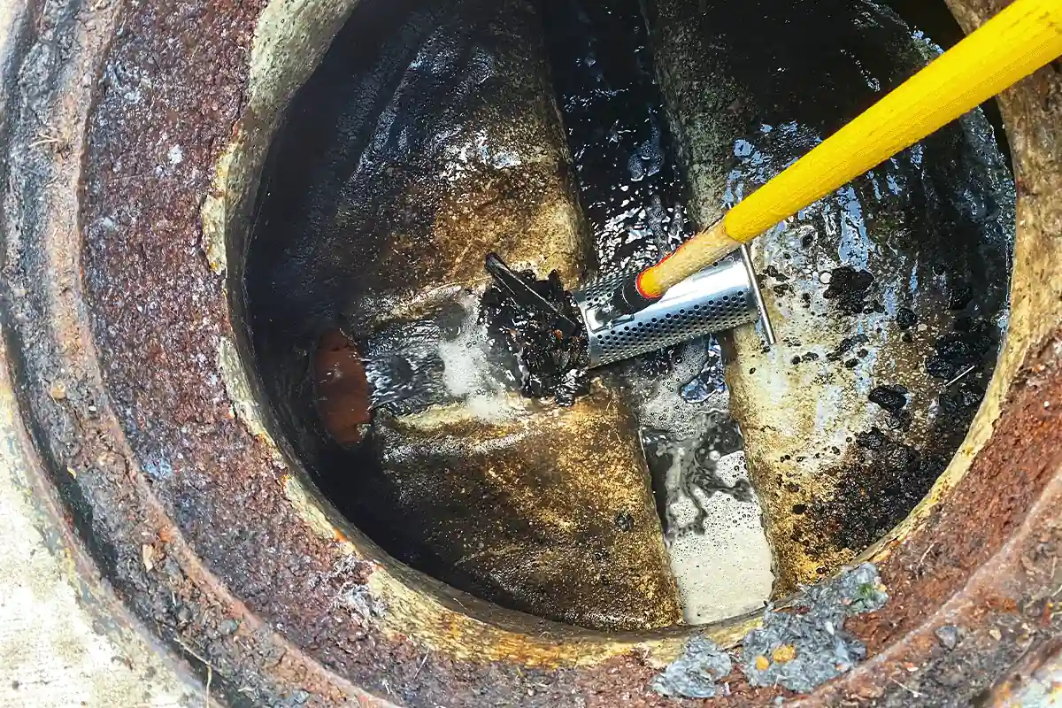 Drain debris catcher clearing blockage inside corroded sewer cleanout — drain cleaning and sewer service in South Tampa — EVERYDAYPLUMBER.com