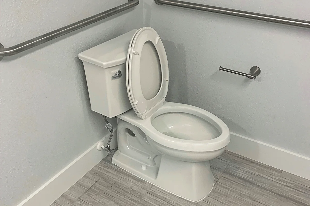 edp-toilet-repair-ada-comfort-height-installation-2026 Newly installed comfort-height ADA-compliant toilet with grab bars in residential bathroom — toilet installation Tampa — EVERYDAYPLUMBER.com Tampa Bay
