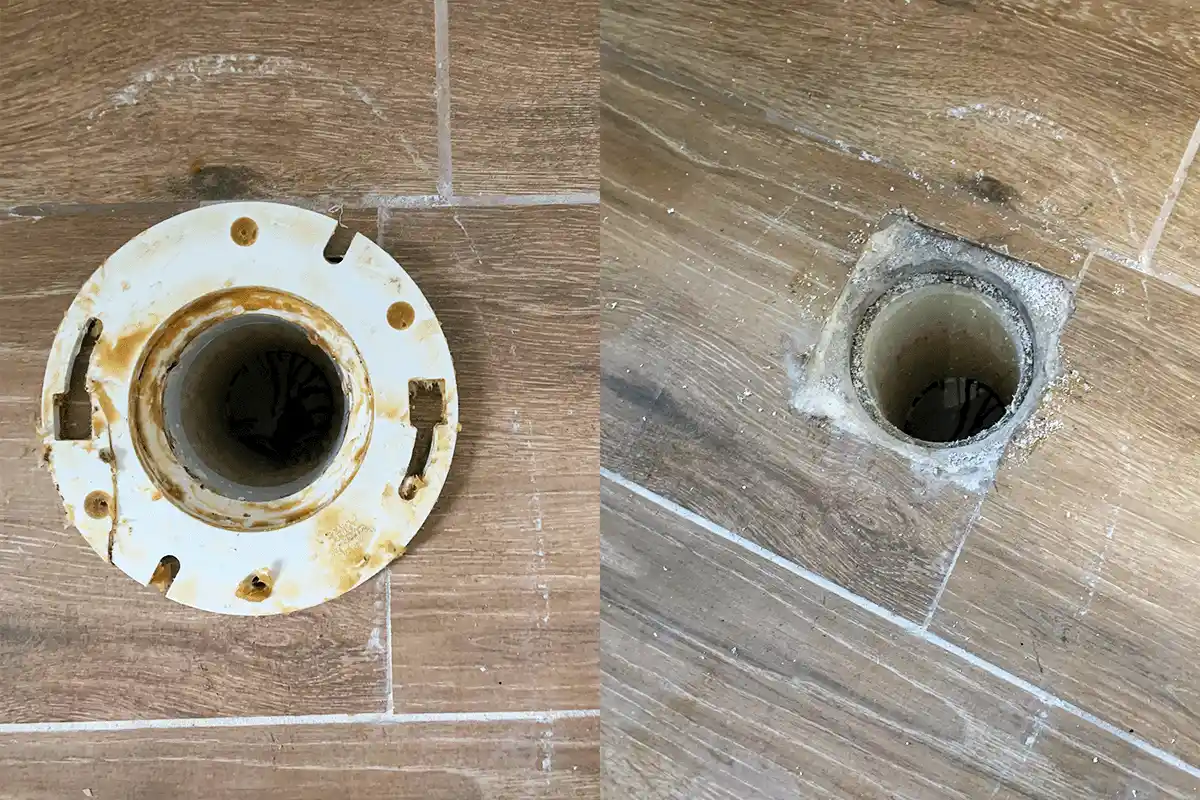 edp-toilet-repair-corroded-flange-replacement-2026 Side-by-side comparison of severely corroded cast iron toilet flange and deteriorated concrete flange opening requiring replacement — toilet flange repair Tampa — EVERYDAYPLUMBER.com Tampa Bay