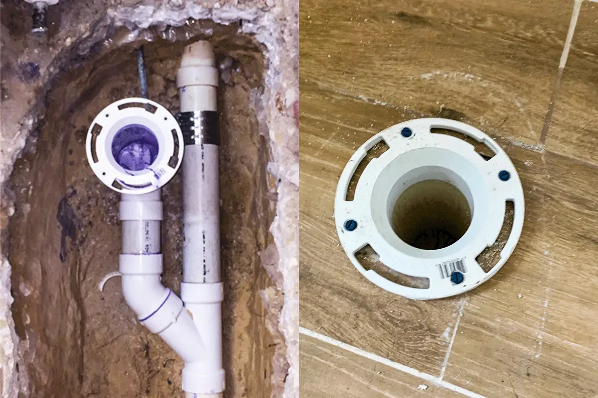 edp-toilet-repair-flange-repair-slab-pvc-2026 Side-by-side showing new toilet flange set in slab excavation with PVC drain connection and finished PVC flange ready for toilet installation — toilet flange repair Tampa — EVERYDAYPLUMBER.com Tampa Bay