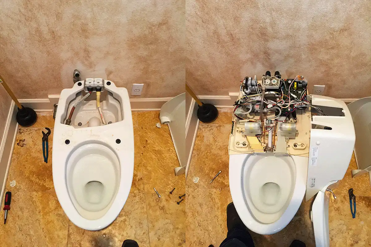 edp-toilet-repair-tankless-washlet-service-2026 Side-by-side view of tankless washlet toilet disassembled during service showing internal electronics and plumbing connections — toilet repair and installation Tampa — EVERYDAYPLUMBER.com Tampa Bay