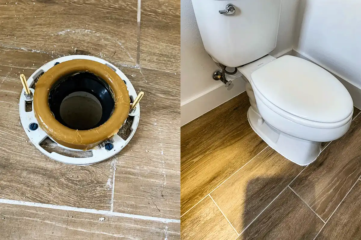 edp-toilet-repair-wax-ring-replacement-before-after-2026 Side-by-side showing wax ring seated on toilet flange before installation and completed toilet installation with clean base seal — wax ring replacement Tampa — EVERYDAYPLUMBER.com Tampa Bay
