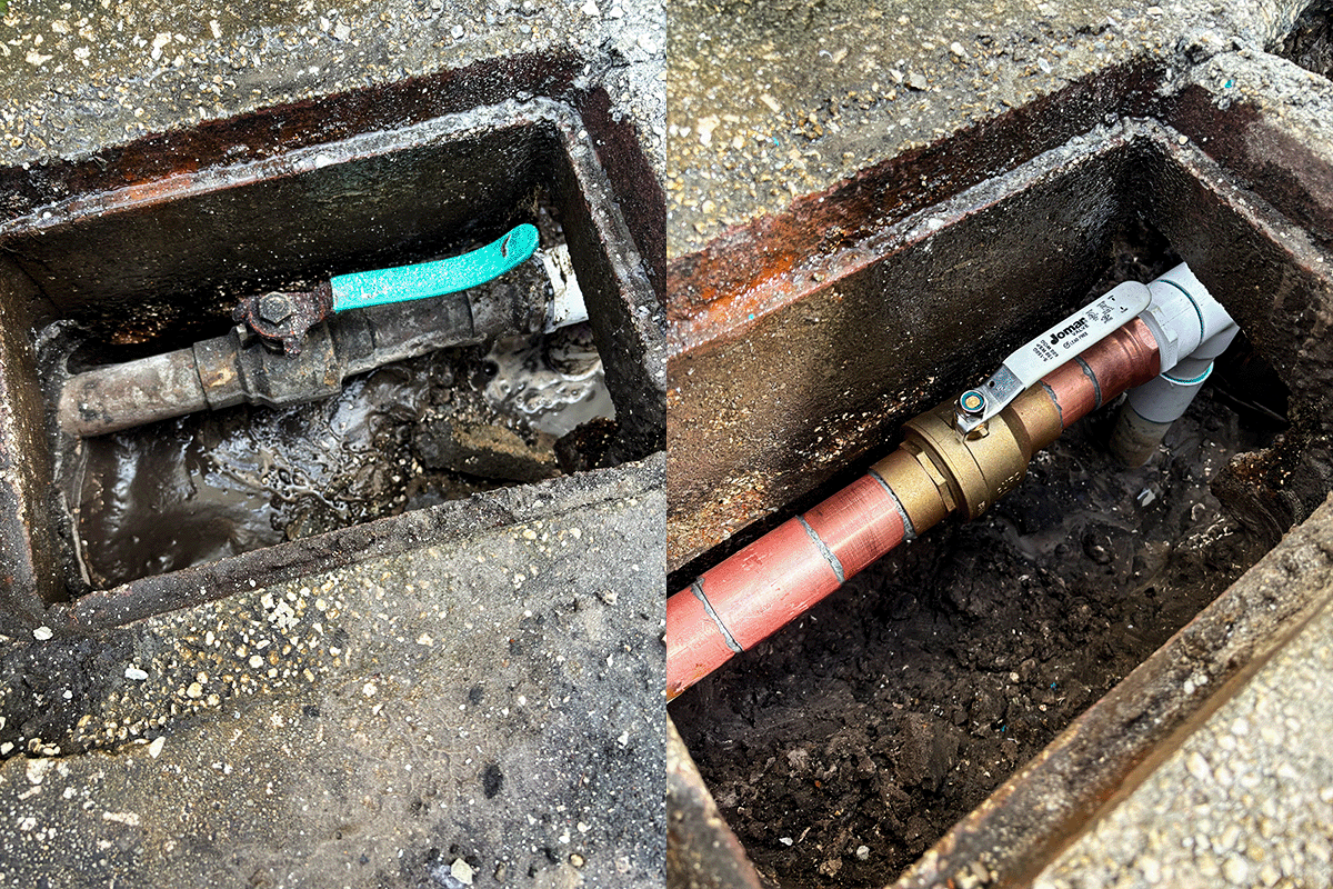 Before and after water meter valve replacement showing corroded original valve and new copper pipe with brass shutoff — EVERYDAYPLUMBER.com St. Petersburg pipe repair