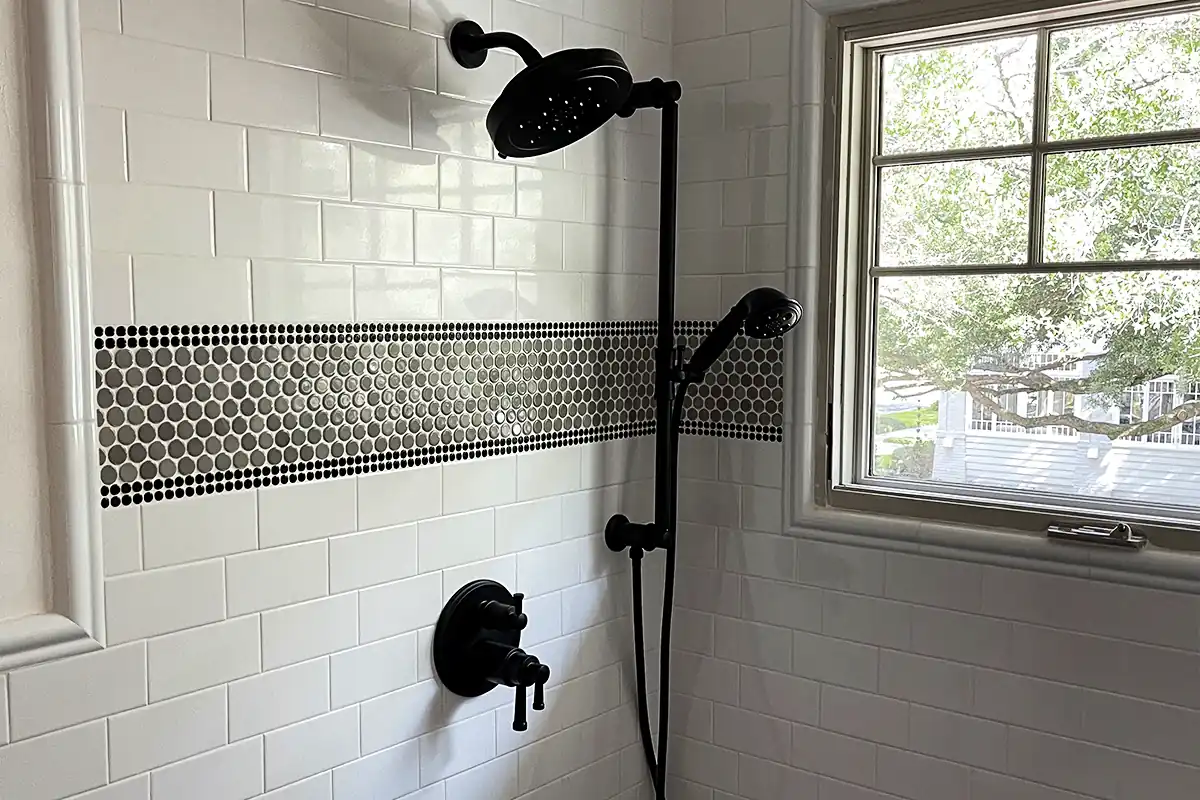 edp-black-shower-handheld-valve-2026 Black finish rainfall shower head and handheld shower — tub and shower valve repair — EVERYDAYPLUMBER.com Tampa Bay