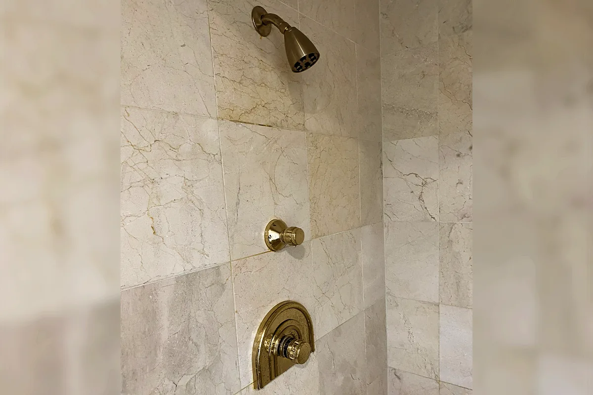 edp-brass-single-handle-valve-2026 Brass single-handle shower valve and tub spout on marble tile — tub and shower valve repair — EVERYDAYPLUMBER.com Tampa Bay<br />