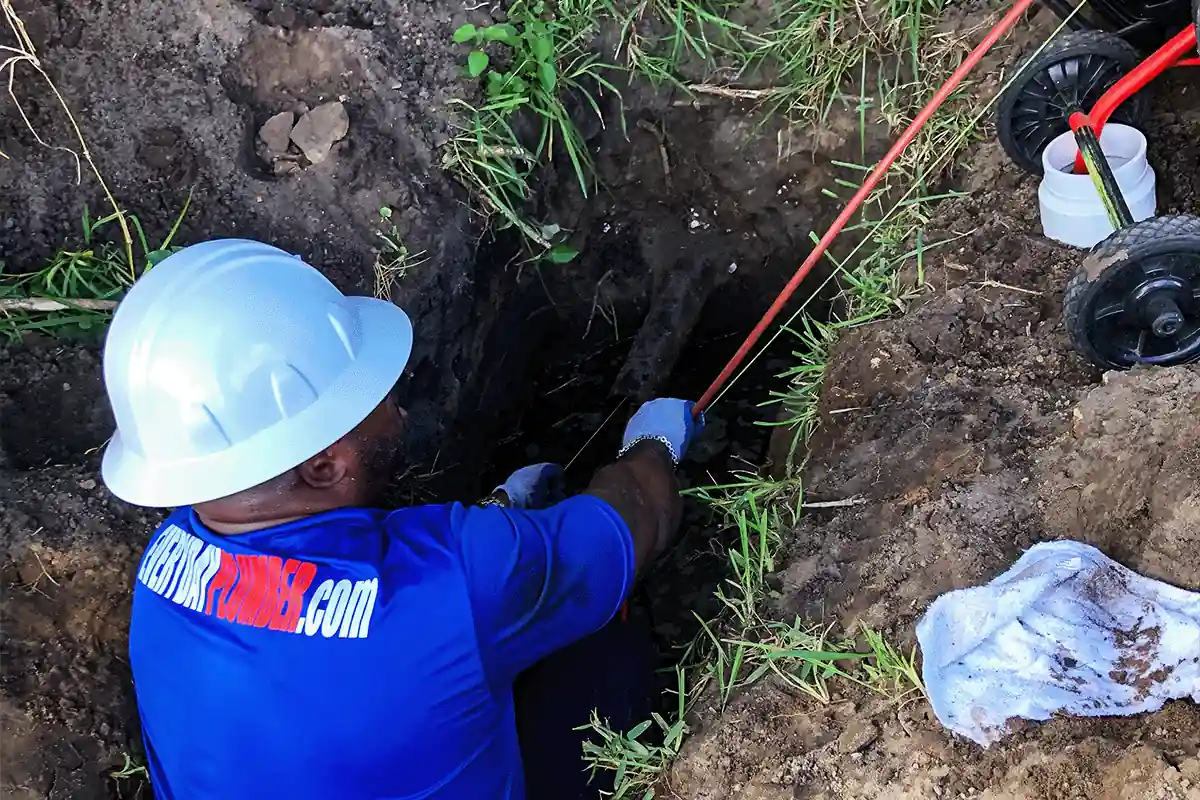 edp-electronic-locator-sewer-dig-2026 EVERYDAYPLUMBER.com plumber using an electronic locator to pinpoint a sewer line during excavation — sewer camera inspection — EVERYDAYPLUMBER.com Tampa Bay