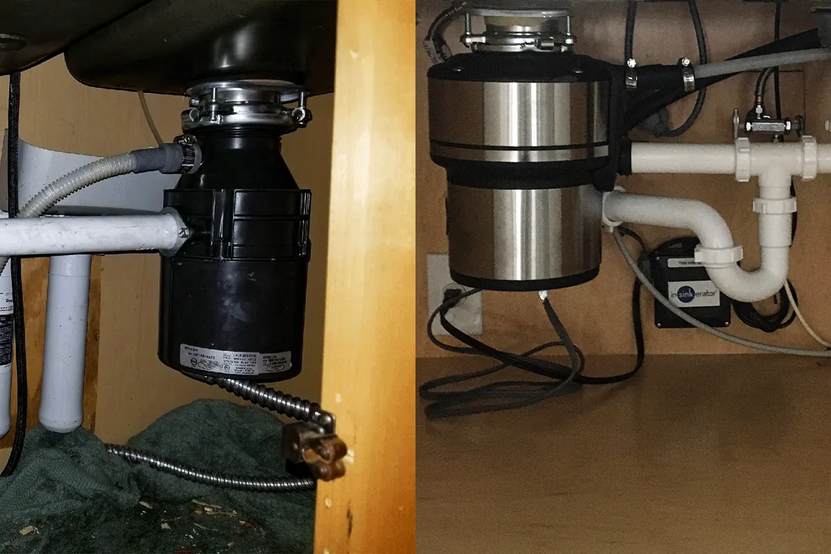 Before and after comparison of an old garbage disposal replaced with a new stainless steel unit — garbage disposal replacement — EVERYDAYPLUMBER.com Tampa Bay
