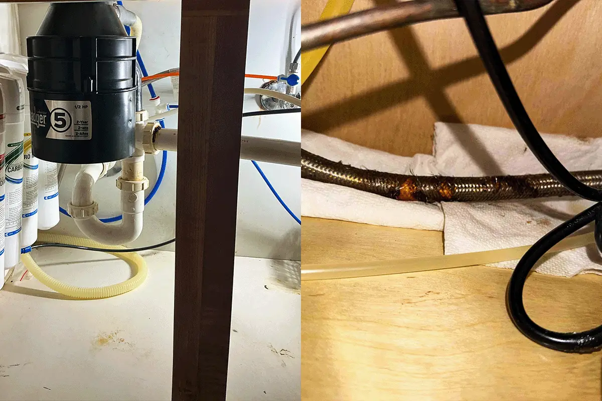 Corroded braided supply line beneath an aging garbage disposal unit — signs of hard water damage — EVERYDAYPLUMBER.com Tampa Bay