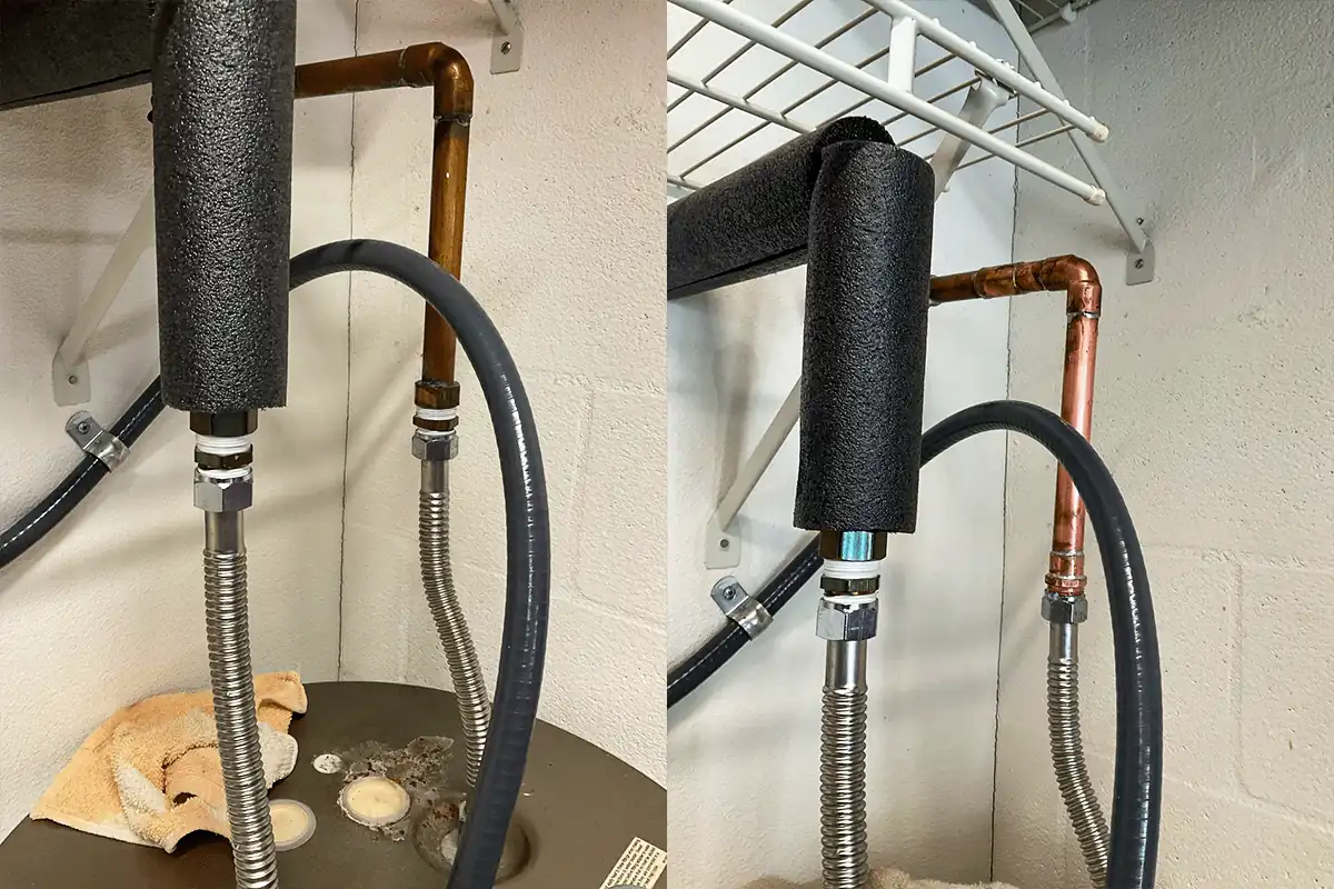 edp-gas-water-heater-connection-2026 Flexible gas connector and copper piping at a water heater — gas water heater connection — EVERYDAYPLUMBER.com Tampa Bay