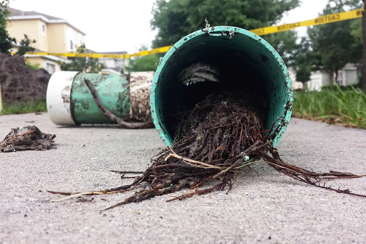edp-root-intrusion-sewer-pipe-lutz-2026 Sewer pipe removed with tree root intrusion — drain and sewer repair in Lutz — EVERYDAYPLUMBER.com