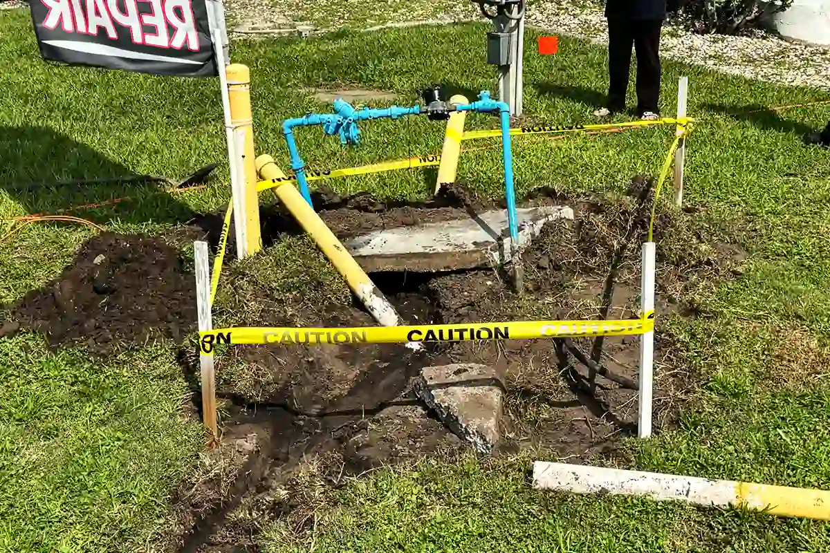 edp-tampa-backflow-repair-active-repair-site-2026 Backflow preventer repair in progress with an excavated access box and caution tape — backflow preventer repair — EVERYDAYPLUMBER.com Tampa Bay
