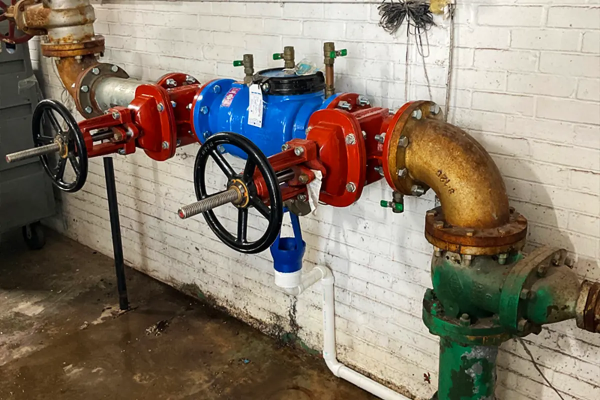 edp-tampa-backflow-repair-commercial-mechanical-room-2026 Commercial double check valve backflow assembly mounted in a building mechanical room — commercial backflow compliance — EVERYDAYPLUMBER.com Tampa Bay