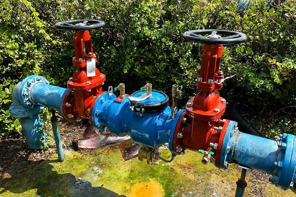 edp-tampa-backflow-repair-dcva-assembly-closeup-2026 Close-up of a double check valve assembly with gate valves on a commercial water line — backflow preventer types — EVERYDAYPLUMBER.com Tampa Bay