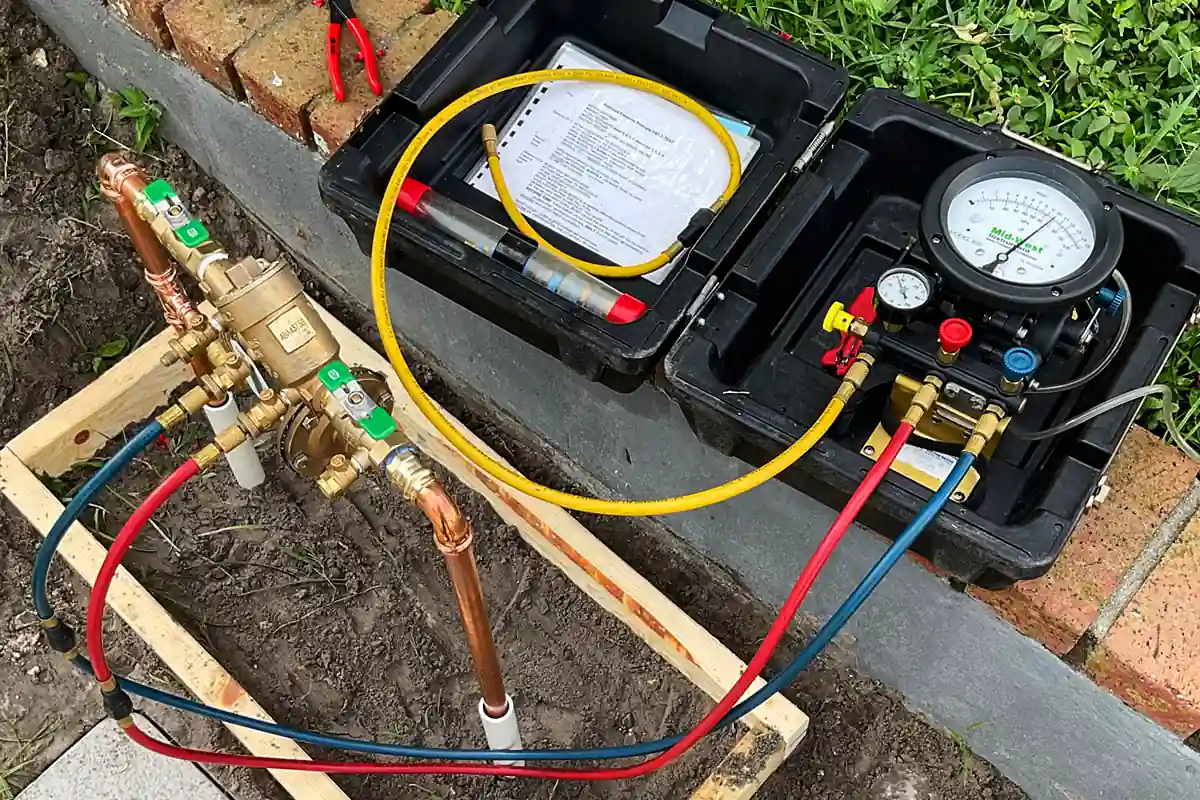 edp-tampa-backflow-repair-residential-test-kit-2026 Certified backflow test kit connected to a residential backflow preventer for annual testing — residential backflow testing — EVERYDAYPLUMBER.com Tampa Bay
