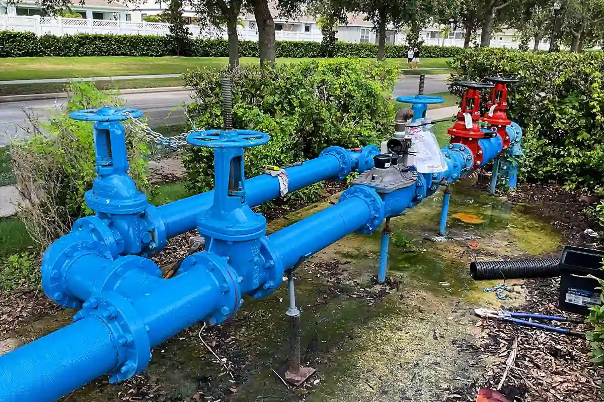 edp-tampa-backflow-repair-slide-2-2026 Large-diameter backflow prevention assembly with gate valves on a Tampa Bay water line — backflow testing, repair and installation — EVERYDAYPLUMBER.com Tampa Bay
