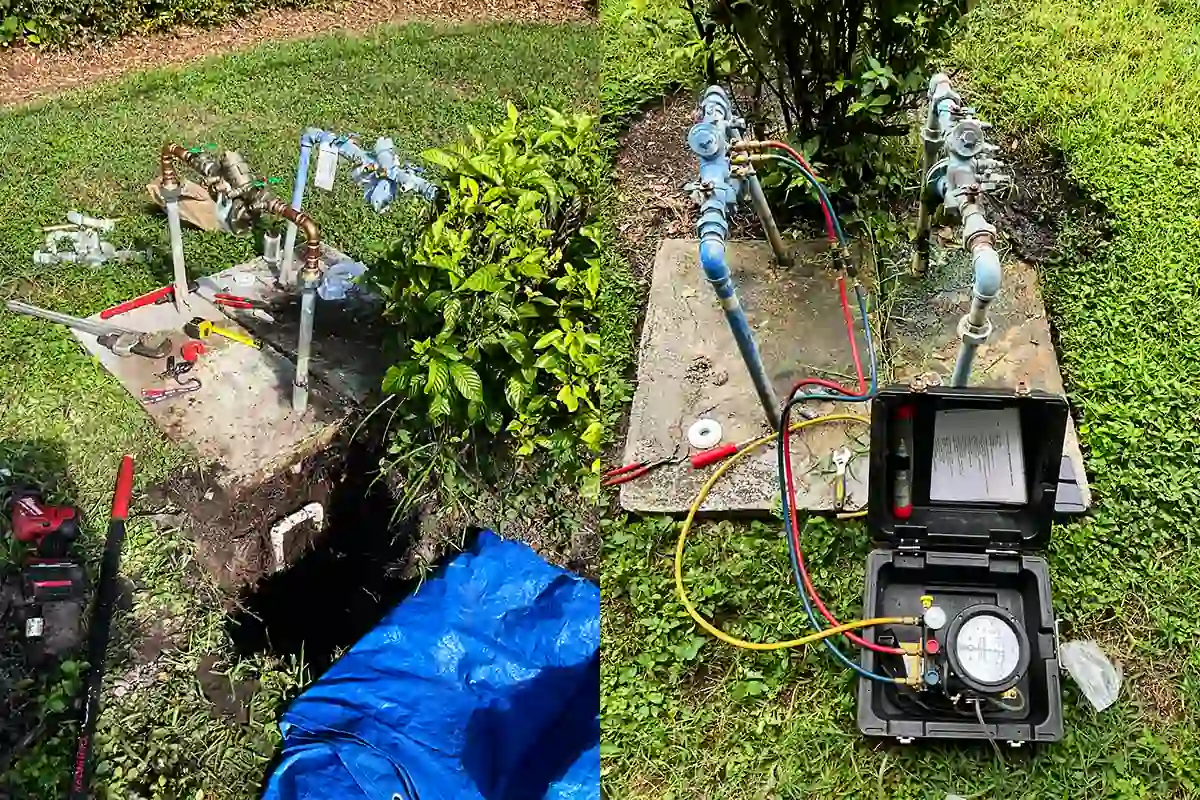 edp-tampa-backflow-repair-testing-documentation-2026 Technician gauge-testing a backflow preventer and recording results for compliance submission — backflow compliance testing — EVERYDAYPLUMBER.com Tampa Bay
